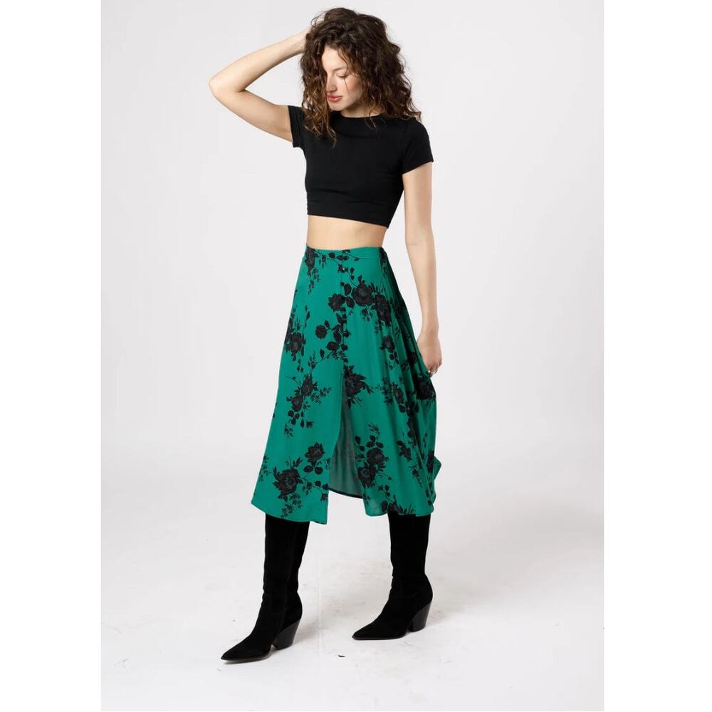 Band of the Free Etta Emerald Floral Midi Skirt Green Black XS Front Slit NEW - Picture 3 of 8